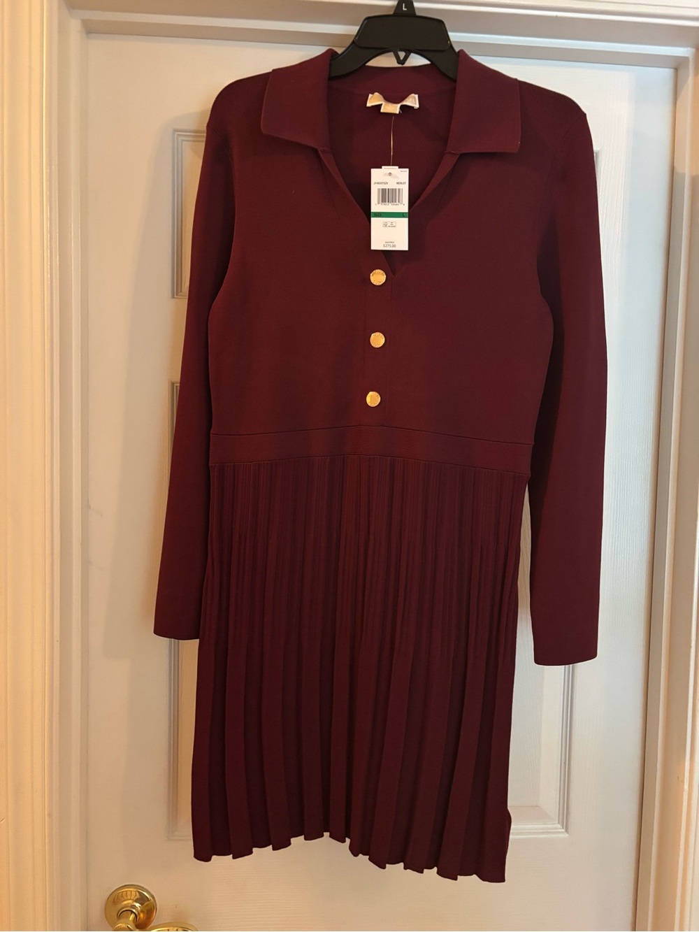Women’s Pleated Burgundy Dress with Gold Buttons